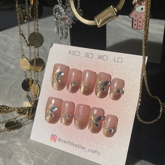 Sparkling Golden Butterfly Gem Press-On Nails Short Almond Shape