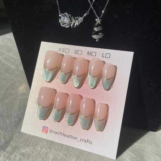 Green Chrome Almond French Tip Press-On Nails
