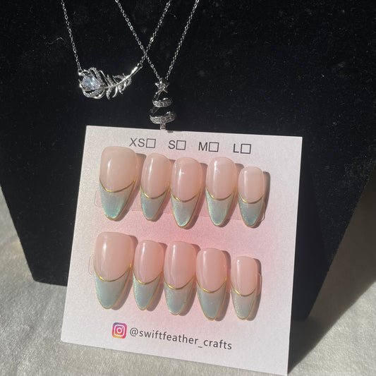 Green Chrome Almond French Tip Press-On Nails