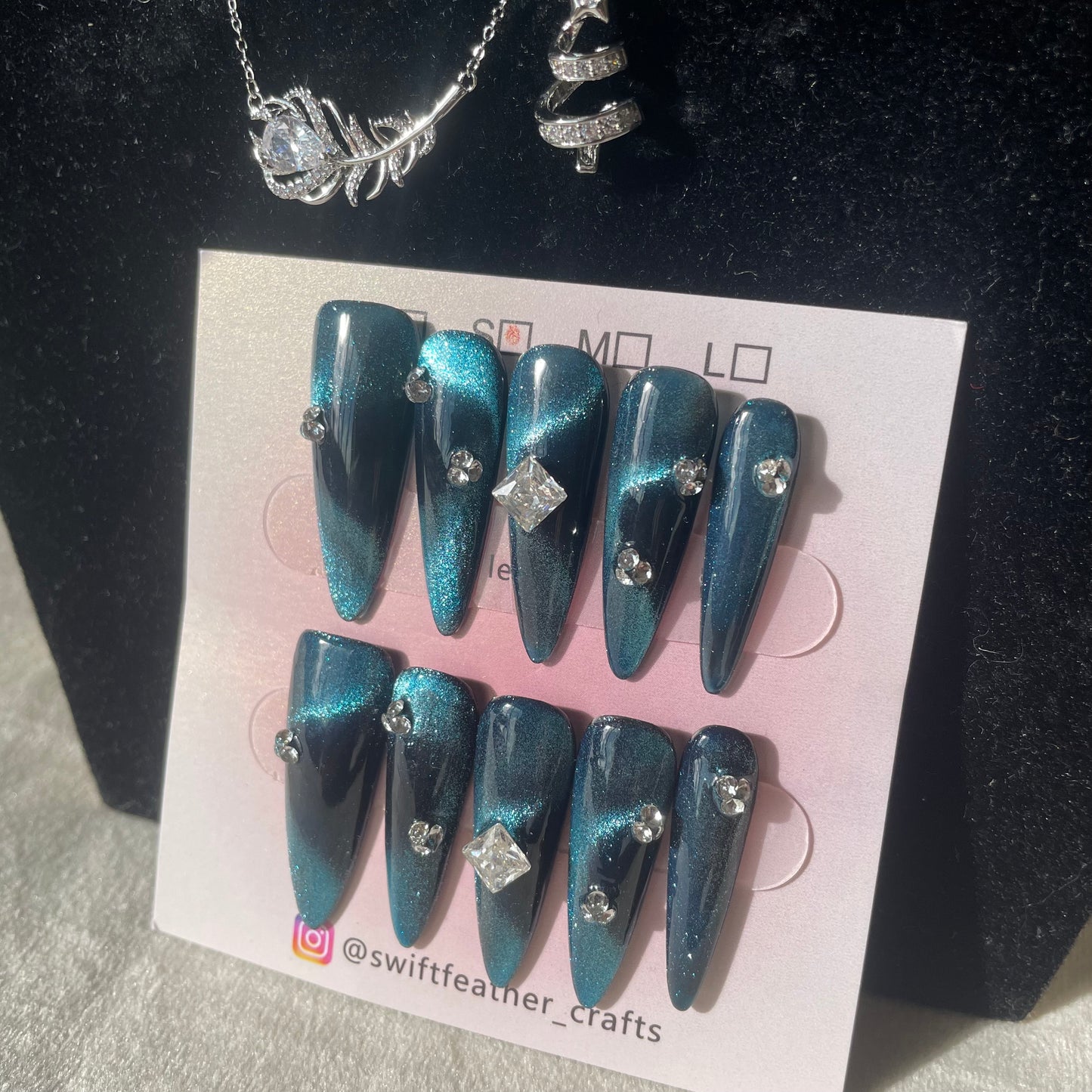 Dark Teal Cat Eye Long Stiletto Nails with Rhinestones