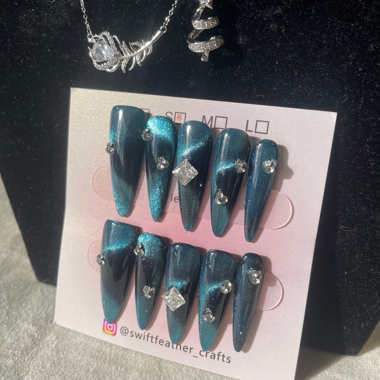 Dark Teal Cat Eye Long Stiletto Nails with Rhinestones