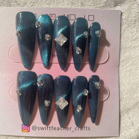 Dark Teal Cat Eye Long Stiletto Nails with Rhinestones