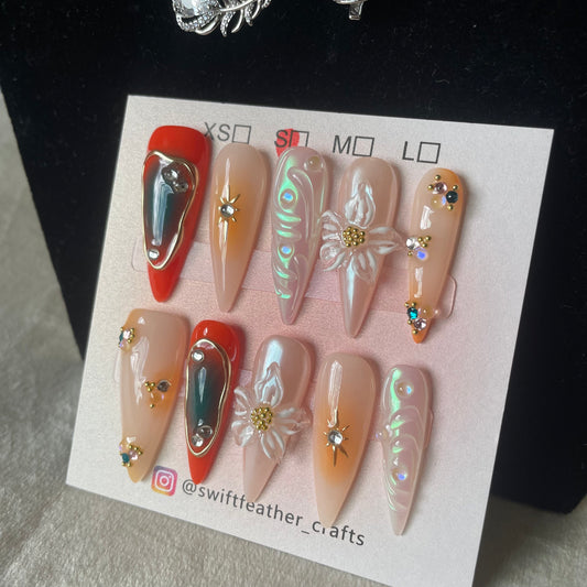Amber Chrome Floral Long Stiletto Nails