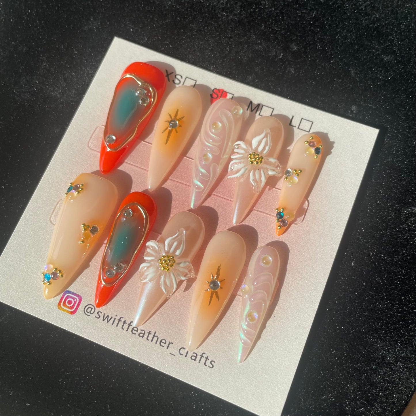 Amber Chrome Floral Long Stiletto Nails