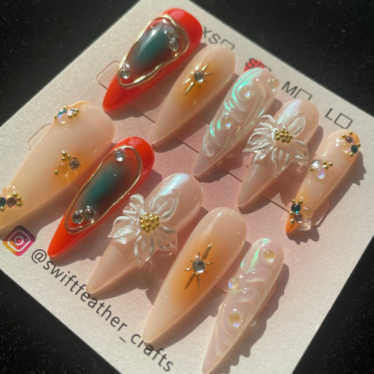 Amber Chrome Floral Long Stiletto Nails