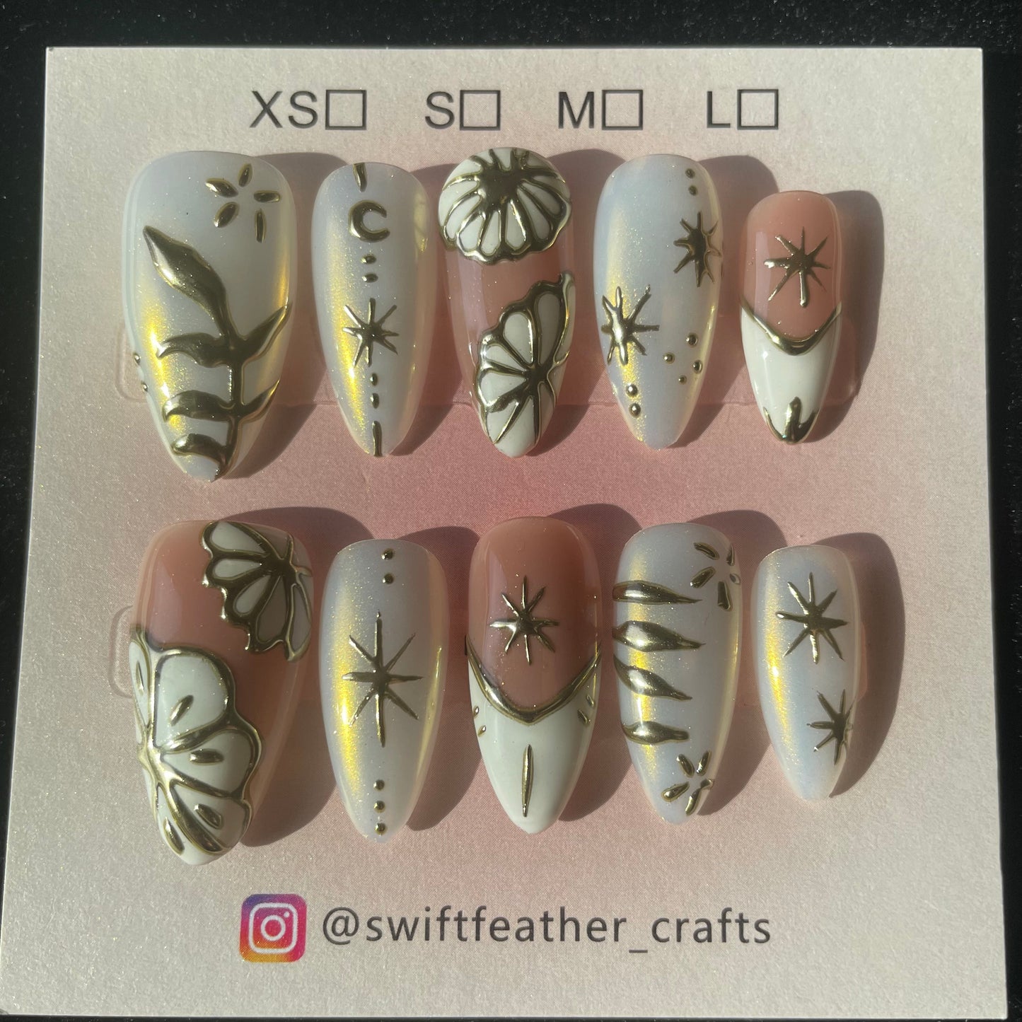 Golden Bloom & Star Long Almond Press-On Nails