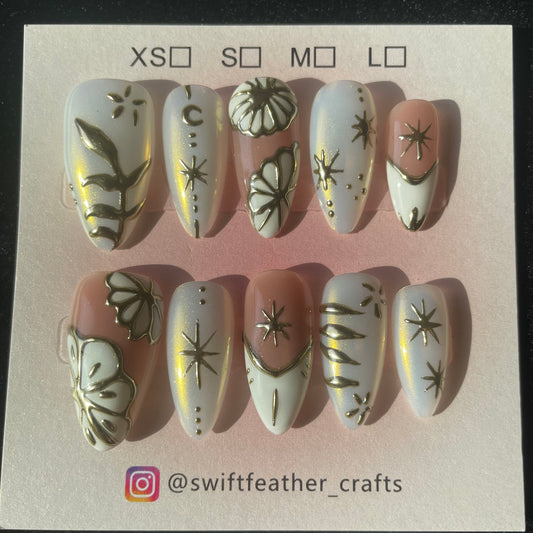 Golden Bloom & Star Long Almond Press-On Nails