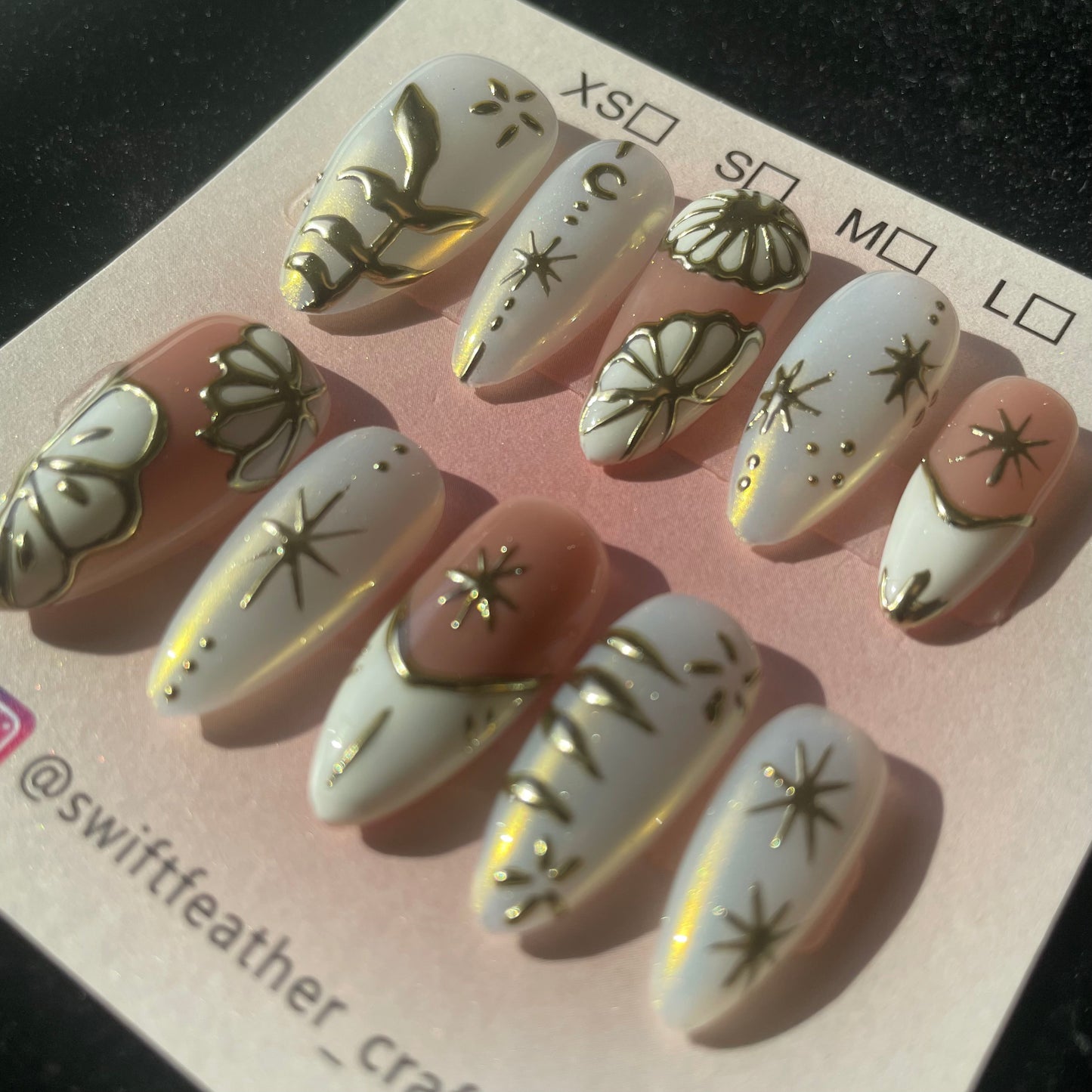 Golden Bloom & Star Long Almond Press-On Nails