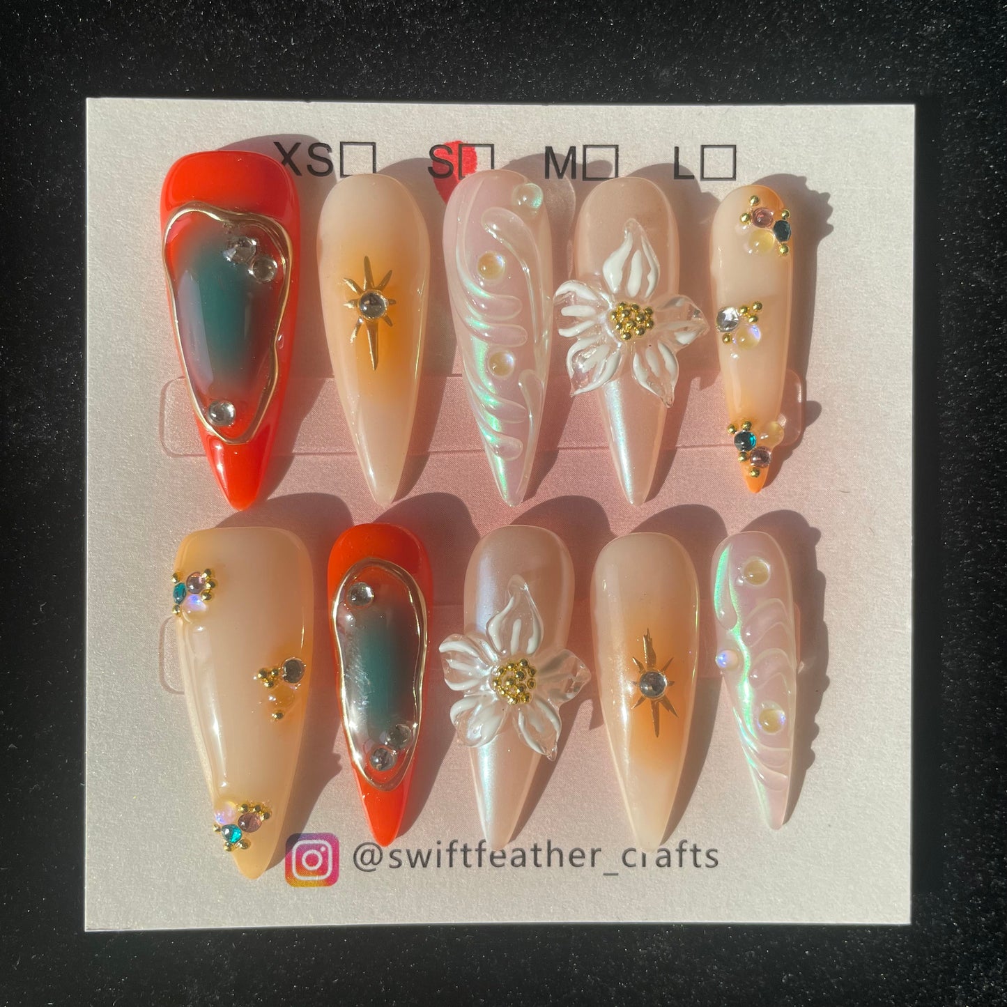 Amber Chrome Floral Long Stiletto Nails