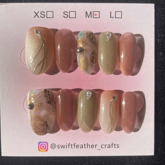 Golden Mist Olive Press-On Nails with Gem Accents