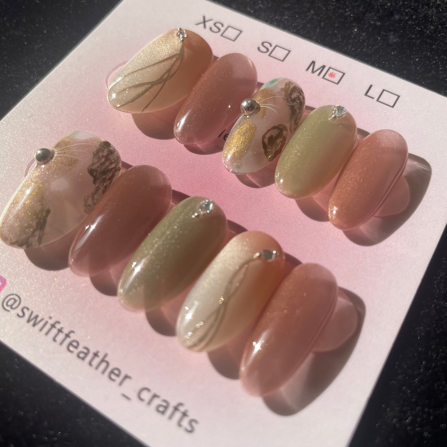 Golden Mist Olive Press-On Nails with Gem Accents