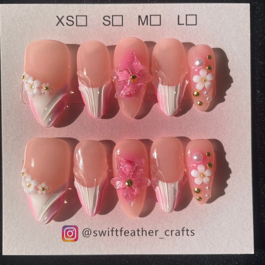 Pink Daisy & Petal Bloom Long Almond Press-On Nails