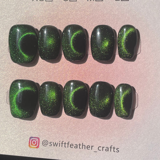 Aurora Cat-Eye Galaxy Glow Green Short Square Press-On Nails
