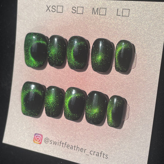 Aurora Cat-Eye Galaxy Glow Green Short Square Press-On Nails