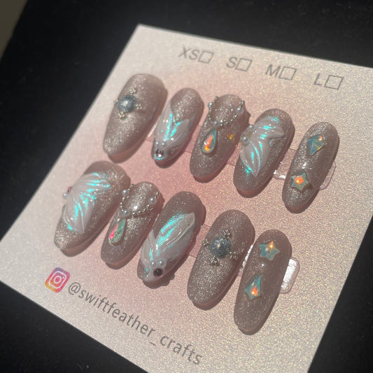 Champagne Glow Long Oval Press On Nails with 3D Textures & Mermaid Pearls