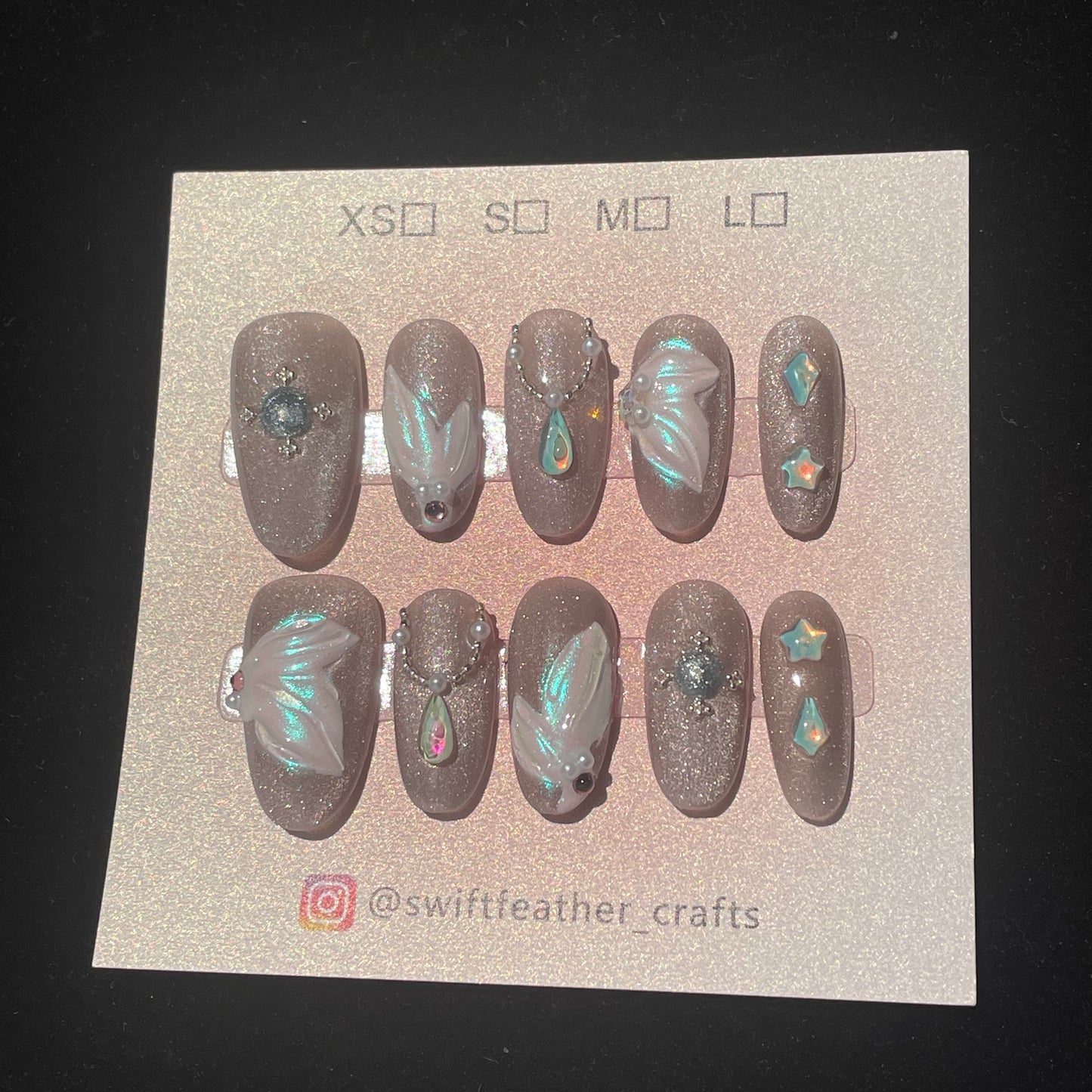 Champagne Glow Long Oval Press On Nails with 3D Textures & Mermaid Pearls