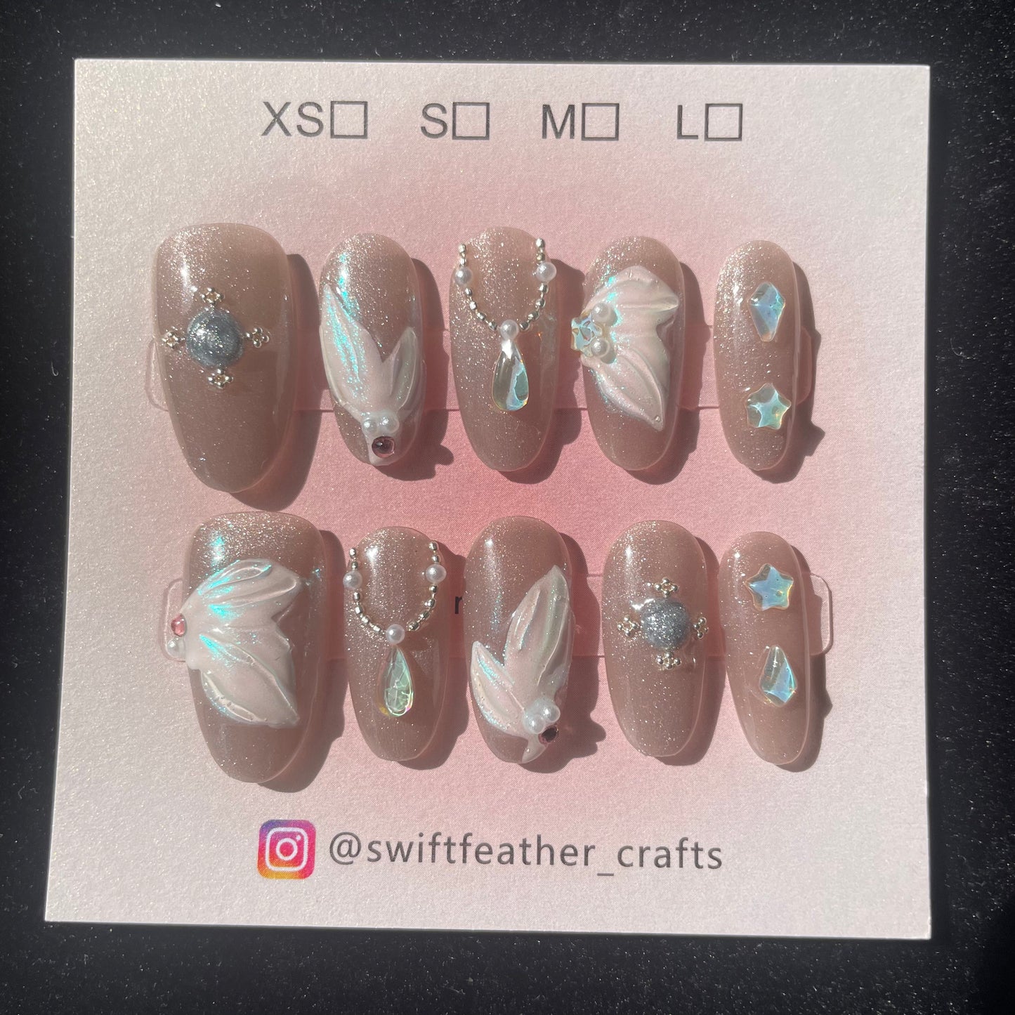 Champagne Glow Long Oval Press On Nails with 3D Textures & Mermaid Pearls