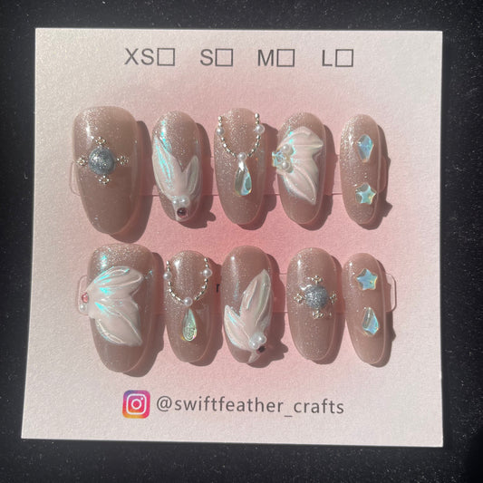 Champagne Glow Long Oval Press On Nails with 3D Textures & Mermaid Pearls