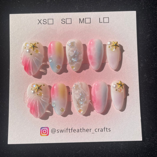 Mermaid Seashell 3D Pearl Shimmer Press-On Nails Short Almond