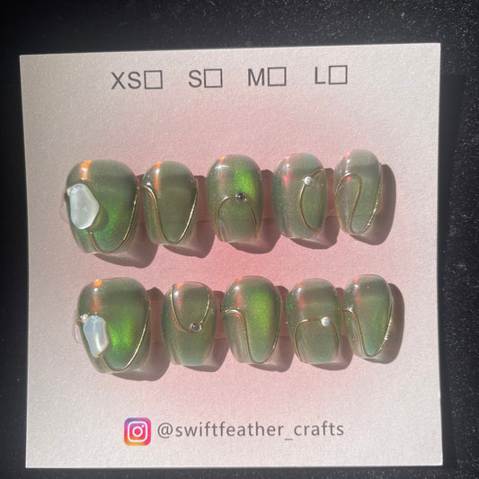 Aurora Chrome Powder Olive Shimmer Short Square Nail Set