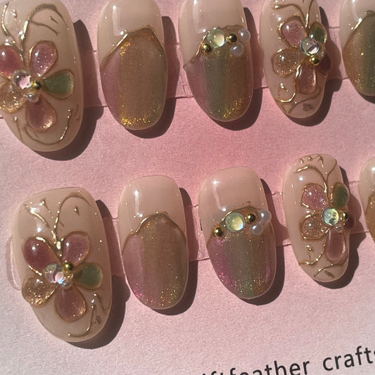 Golden Bloom Aurora Powder Short Squoval Press-On Set