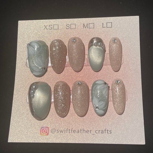 Champagne Glow with Sage Petal Art Long Almond Press-On Set