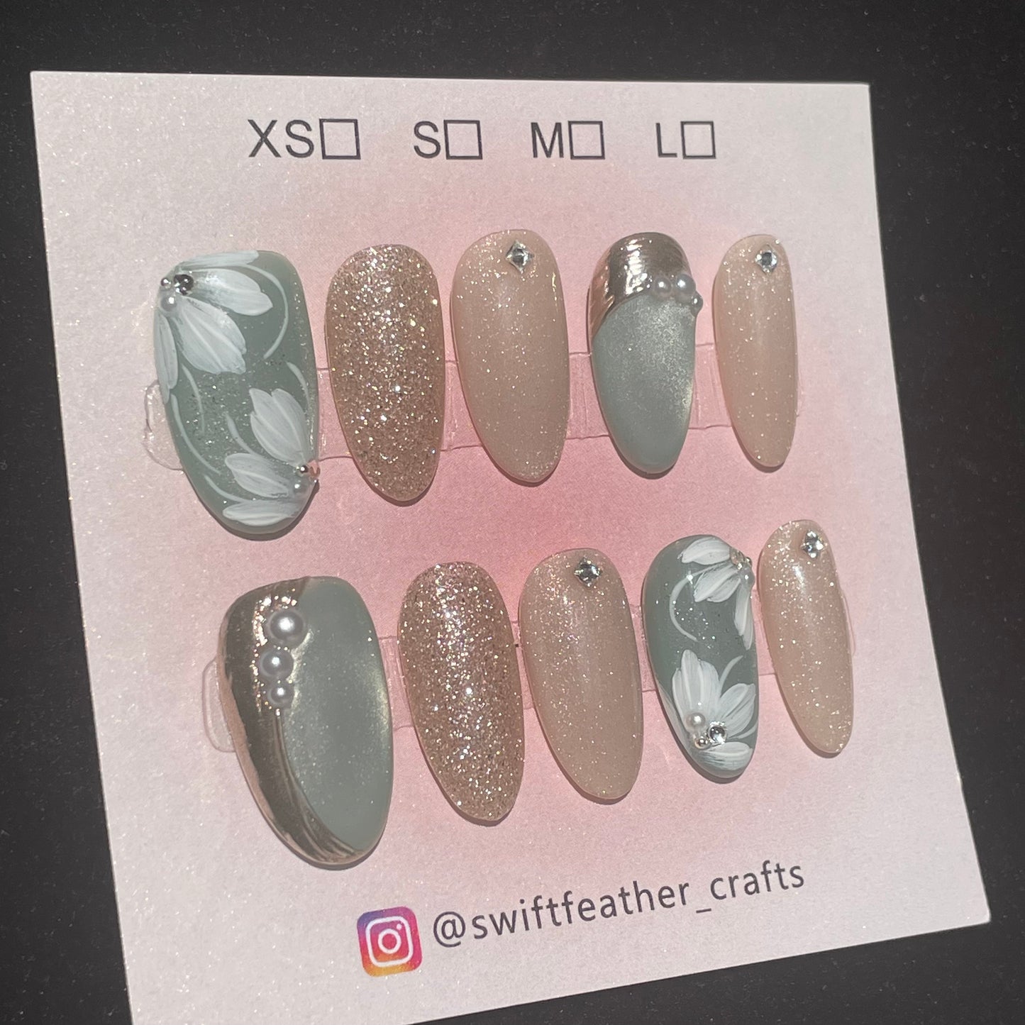 Champagne Glow with Sage Petal Art Long Almond Press-On Set