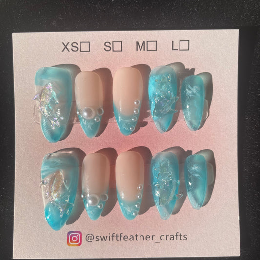 Ocean Tide Pearl Droplet Long Almond Press-On Nails