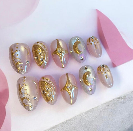 Nude Pink Gold Press-On Nails – Elegant Moon Design for Everyday & Gifts