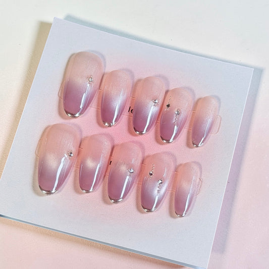 Pink Ombre Handmade Press-On Nails – Gradient Chrome Tip, Minimal Elegant Nail Set