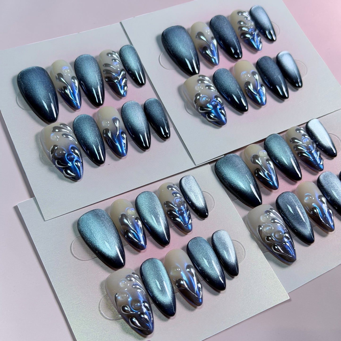 Metallic Blue Chrome Press-On Nails – 3D Sculpted Silver Design
