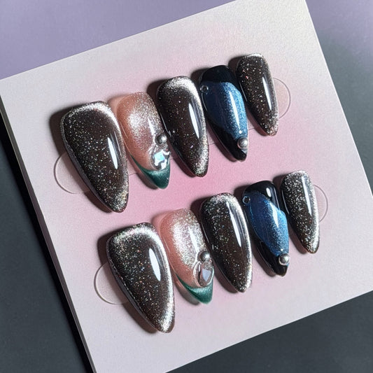 Galaxy Glitter Press-On Nails – Cat Eyes Blue Chrome & Sparkle Statement Design