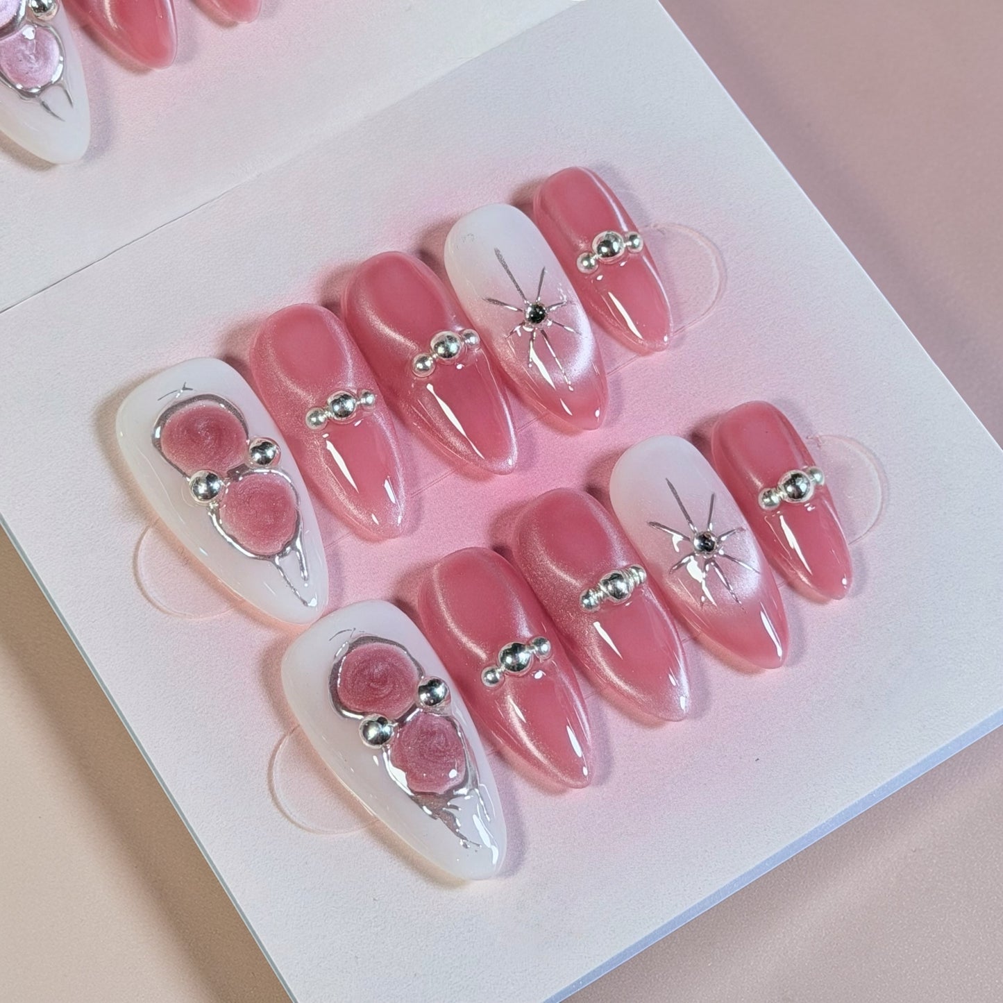 Pink Cat Eye Press-On Nails – Soft Glow Pearl & Chrome Design