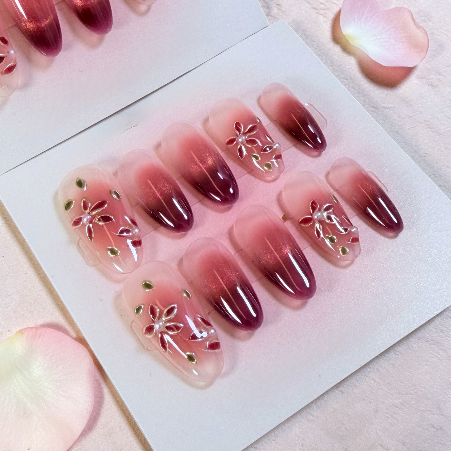 Pink Ombre Press-On Nails – Floral Glitter Design Elegant & Romantic