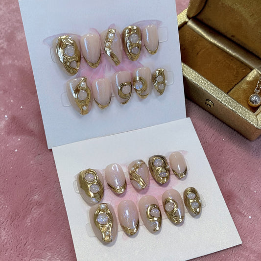 Nude Chrome Press-On Nails – Gold Sculpted Pearl Design, Handmade