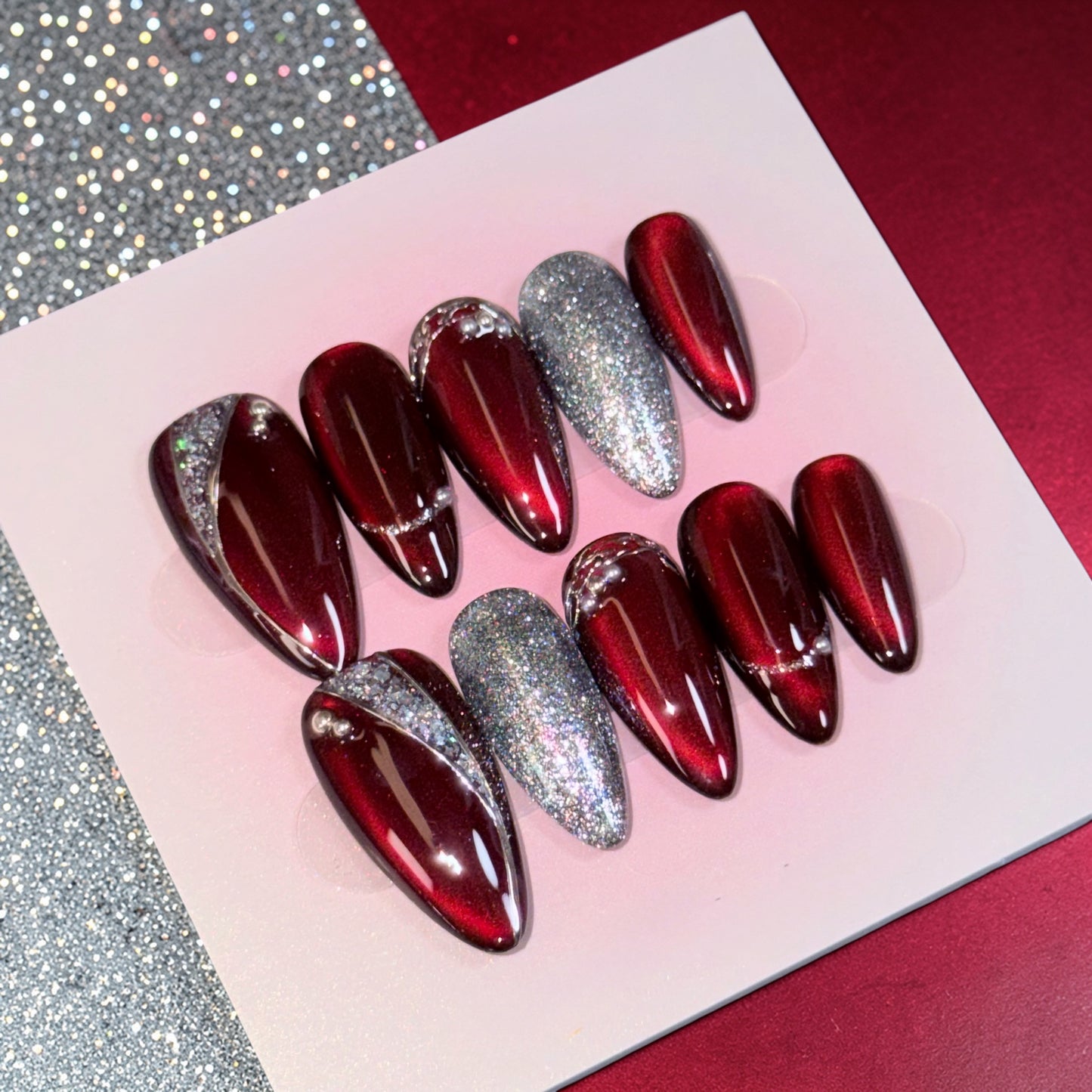 Red Chrome Press-On Nails – Glitter Cat Eye, Handmade for Party & Holiday