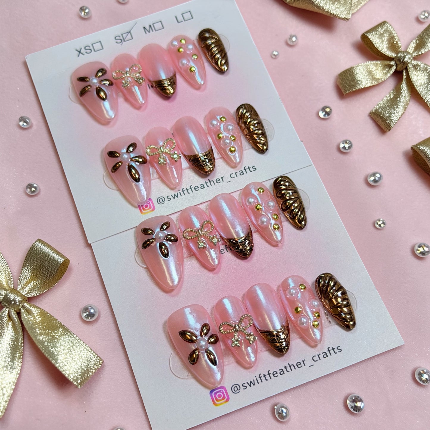 Pink Pearl Press-On Nails – Gold Bow & Floral Design, Handmade for Date & Wedding