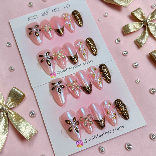Pink Pearl Press-On Nails – Gold Bow & Floral Design, Handmade for Date & Wedding