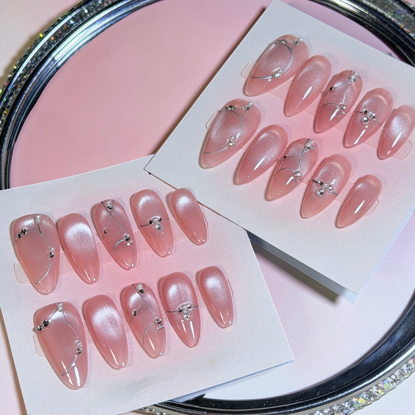 Pink Pearl Press-On Nails – Minimal Silver Line Design, Handmade & Elegant
