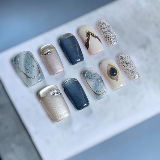 Blue Beige Press-On Nails – Handmade Minimal Metallic Design for Everyday & Work