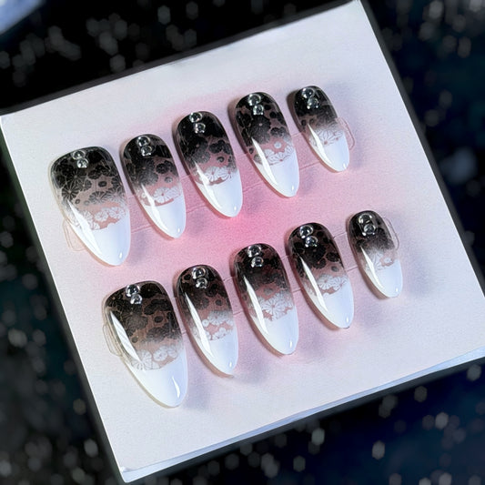 Black Ombre Lace Almond Press-On Nails – Handmade Floral Design Elegant Look