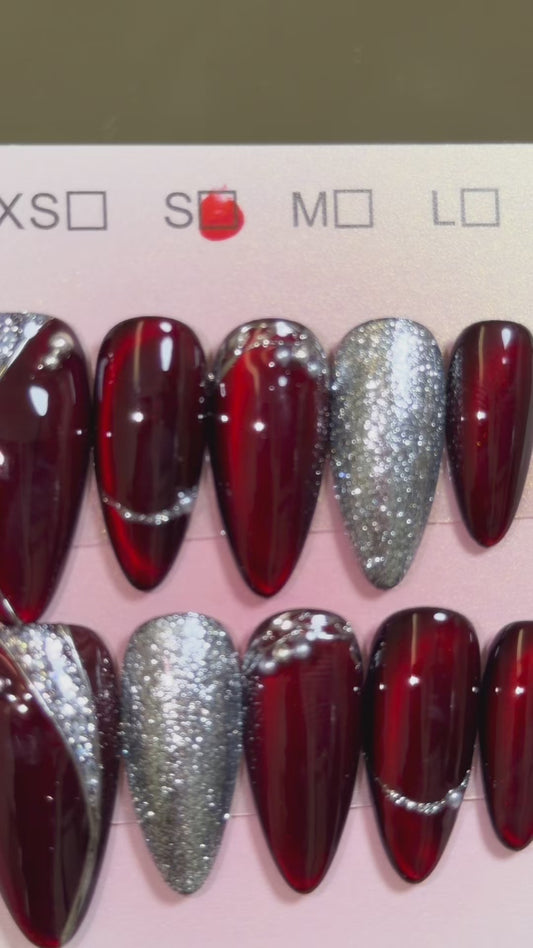 Red Chrome Press-On Nails – Glitter Cat Eye, Handmade for Party & Holiday